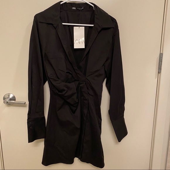 Zara Poplin Wrap Dress Black - Picture 5 of 9